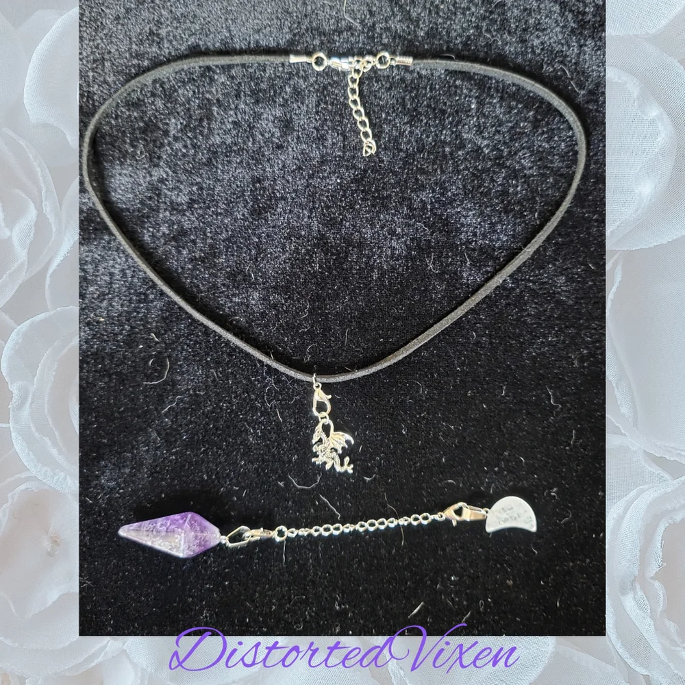 Dragon Amethyst Pendulum Necklace • Clear Quartz Moon • Witch Divination Jewelry